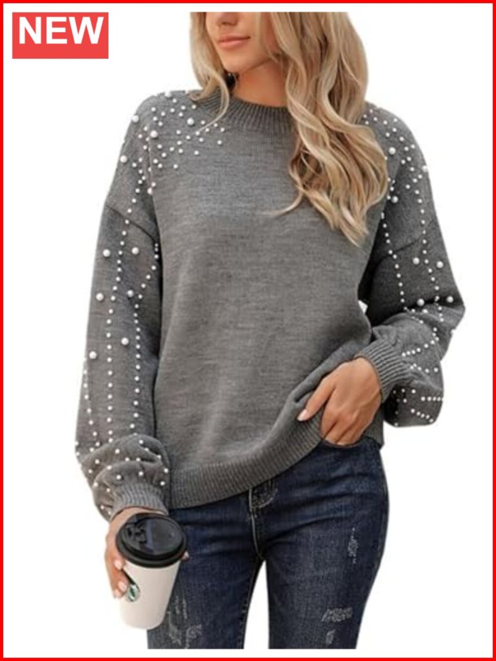 Oversized Mock Neck Knit Pullover Sweater with Pearls - Women's